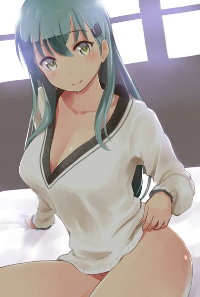 Anime picture 1181x1748 with kantai collection suzuya heavy cruiser wa (genryusui) single long hair tall image looking at viewer blush breasts light erotic smile sitting green eyes green hair no panties girl hair ornament hairclip bed sweater