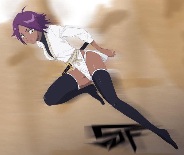 Anime picture 2127x1784 with bleach studio pierrot shihouin yoruichi highres short hair light erotic yellow eyes purple hair ahoge dark skin girl thighhighs weapon