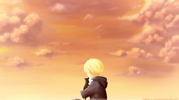 Anime picture 2560x1440 with natsume yuujinchou brains base (studio) natsume takashi darkheartknight highres short hair blonde hair wide image sky cloud (clouds) from behind wallpaper alternate age boy animal cat child (children)