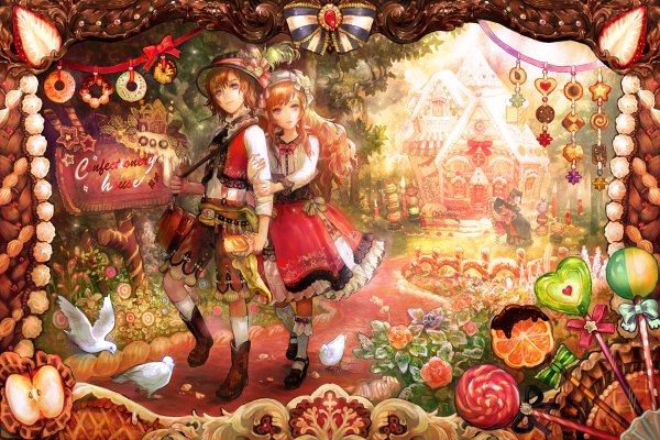 Anime picture 1200x800 with hansel and gretel grimm's fairy tales gretel (hansel and gretel) hansel (hansel and gretel) chibi (shimon) long hair short hair blonde hair brown hair purple eyes inscription old woman girl dress boy flower (flowers) bow plant (plants) hat animal