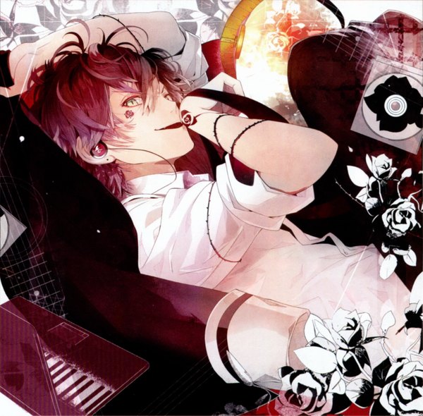 Anime picture 2641x2599 with diabolik lovers idea factory sakamaki ayato single looking at viewer highres short hair open mouth smile green eyes red hair earrings headphones