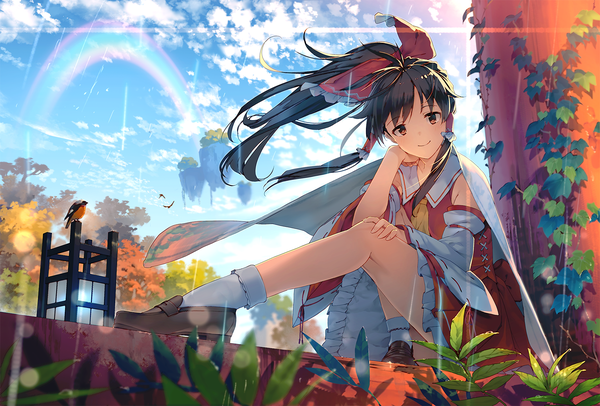 Anime picture 2000x1355 with touhou hakurei reimu eho (icbm) single long hair looking at viewer fringe highres smile brown hair brown eyes sky bent knee (knees) ponytail traditional clothes head tilt japanese clothes wind wide sleeves rain