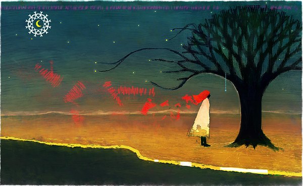 Anime picture 2005x1230 with original shuta single long hair highres wide image standing red hair wind night sky crescent abstract girl plant (plants) tree (trees)