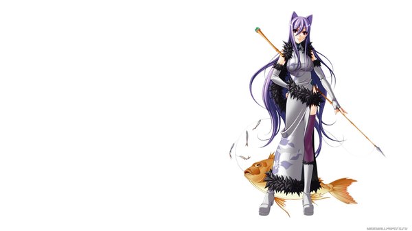 Anime picture 1920x1080 with highres wide image purple hair very long hair cat girl girl weapon fish (fishes)