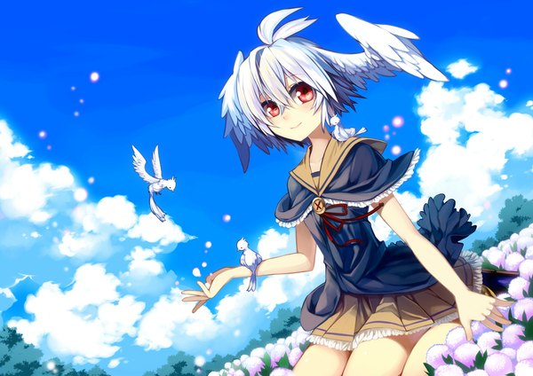 Anime picture 1169x827 with original kaida (artist) single short hair smile red eyes cloud (clouds) white hair head wings field girl dress flower (flowers) wings feather (feathers)
