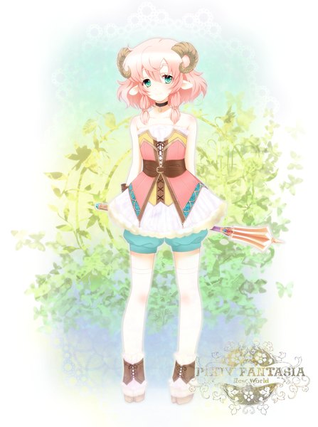 Anime picture 746x1000 with original pixiv fantasia pixiv fantasia new world yunca single tall image blush short hair blue eyes pink hair horn (horns) pointy ears girl dress