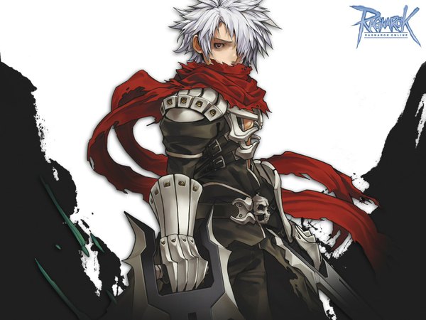 Anime picture 1600x1200 with ragnarok online ragnarok online 2 tagme (artist) single looking at viewer fringe short hair red eyes white hair hair over one eye inscription boy weapon scarf armor skull