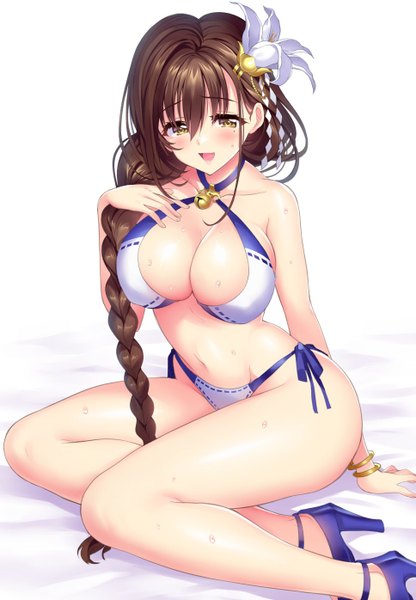 Anime picture 968x1396 with kanpani girls shirayuri sakura senri gan single long hair tall image looking at viewer blush breasts open mouth light erotic brown hair large breasts white background yellow eyes braid (braids) hair flower girl navel hair ornament