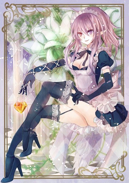 Anime picture 826x1169 with original nozomi fuuten single long hair tall image looking at viewer light erotic brown hair pointy ears maid heterochromia girl thighhighs dress gloves flower (flowers) black thighhighs elbow gloves headdress maid headdress