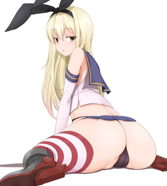Anime picture 1800x2000 with kantai collection shimakaze destroyer yue_niconico single long hair tall image blush fringe highres light erotic blonde hair brown eyes ass looking back from behind arm support :o high heels cameltoe striped