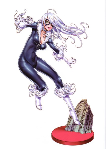 Anime picture 4593x6437 with marvel comics black cat (felicia hardy) yamashita shunya single long hair tall image highres smile white background green eyes absurdres purple hair ahoge white hair lipstick jumping fighting stance latex girl gloves