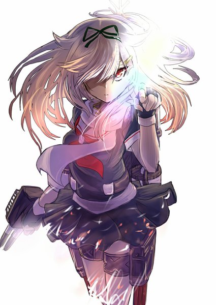 Anime picture 708x1000 with kantai collection yuudachi destroyer arudehido single long hair tall image looking at viewer fringe simple background blonde hair red eyes white background hair over one eye serious pointing remodel (kantai collection) girl skirt gloves ribbon (ribbons)