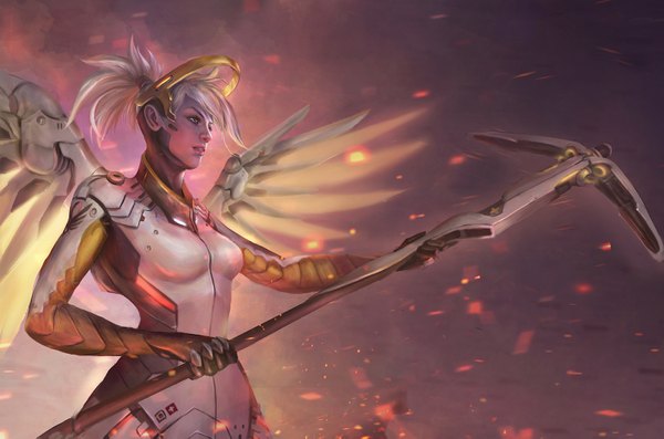 Anime picture 1600x1059 with overwatch blizzard entertainment mercy (overwatch) phumac (artist) single fringe short hair breasts holding brown eyes looking away ponytail lips grey hair mechanical wings girl wings bodysuit staff mechanical halo