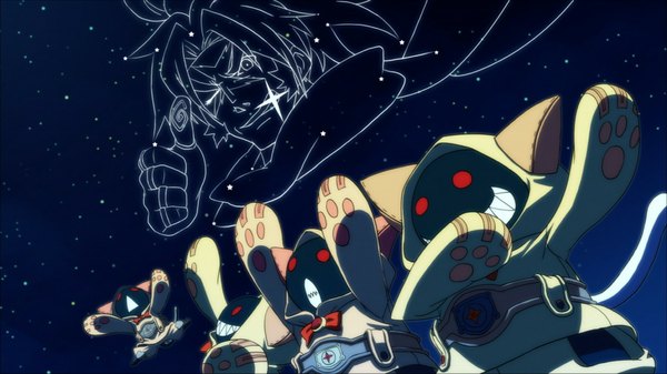 Anime picture 1024x576 with blazblue shishigami bang kaka kittens red eyes wide image animal ears one eye closed wink cat ears official art chibi space constellation solid eyes thumbs up epic star (stars)