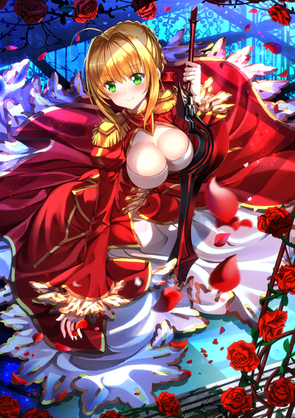 Anime picture 1102x1560 with fate (series) fate/extra nero claudius (fate) (all) nero claudius (fate) swordsouls single tall image blush fringe short hair breasts light erotic blonde hair smile large breasts green eyes payot looking away cleavage full body