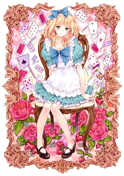 Anime picture 2449x3479 with alice in wonderland traditional white (artbook) alice (wonderland) kishida mel single tall image looking at viewer highres blonde hair smile sitting cleavage polka dot knees touching girl dress hair ornament flower (flowers) bow ribbon (ribbons)