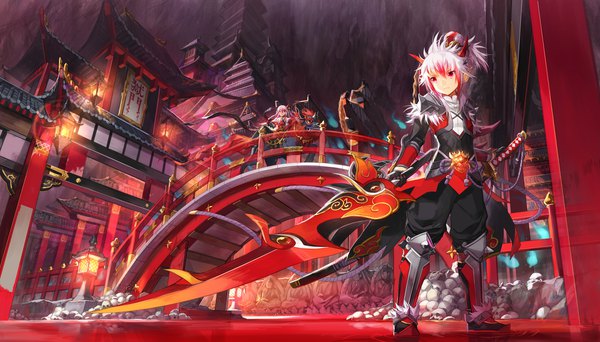 Anime picture 1900x1085 with elsword elesis (elsword) elsword (character) buddha nian (zhanian) scorpion5050 long hair fringe highres smile hair between eyes red eyes wide image standing holding payot looking away full body white hair ponytail