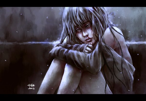 Anime picture 1300x900 with nanfe single long hair fringe brown eyes looking away lips grey hair off shoulder legs glowing letterboxed sad girl blood