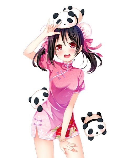 Anime picture 606x800 with love live! school idol project sunrise (studio) love live! yazawa nico grandia bing long hair tall image blush open mouth black hair simple background smile red eyes white background twintails traditional clothes chinese clothes animal on head mmm girl