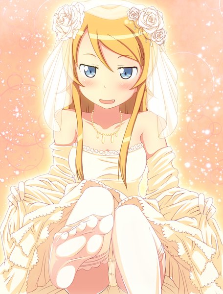 Anime picture 950x1250 with ore no imouto ga konna ni kawaii wake ga nai kousaka kirino mikepon (ota office) single long hair tall image looking at viewer blush open mouth blue eyes light erotic blonde hair bare shoulders teeth fang (fangs) pantyshot legs wedding girl thighhighs