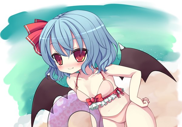 Anime picture 3459x2427 with touhou remilia scarlet swami single highres short hair red eyes blue hair absurdres girl swimsuit wings swim ring