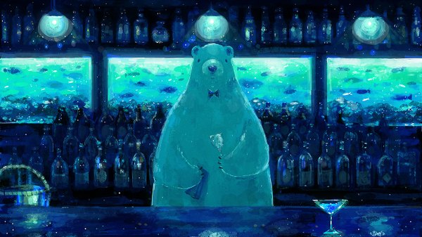 Anime picture 1244x700 with original nomiya (no 38) wide image holding glow bow animal bowtie fish (fishes) bottle lamp glass wine glass bar bear polar bear