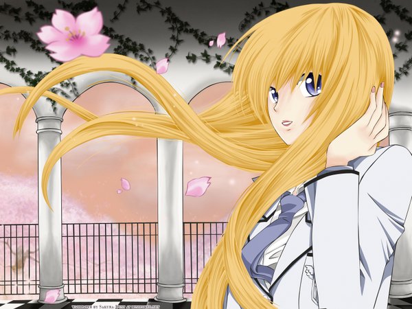 Anime picture 1600x1200 with long hair blue eyes blonde hair girl flower (flowers) petals serafuku