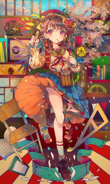 Anime picture 1198x2000 with original cha goma single long hair tall image looking at viewer blush fringe light erotic standing holding full body bent knee (knees) indoors braid (braids) pleated skirt hair flower mouth hold standing on one leg skirt flip