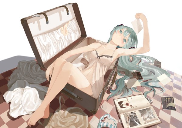 Anime picture 2000x1414 with vocaloid hatsune miku throtem single looking at viewer blush highres light erotic twintails very long hair barefoot aqua eyes aqua hair bare legs girl dress navel underwear panties book (books)