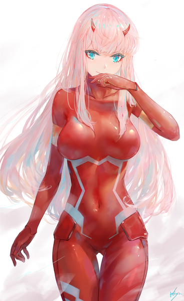 Anime picture 1002x1636 with darling in the franxx studio trigger zero two (darling in the franxx) kisei2 single long hair tall image fringe breasts smile standing white background signed pink hair horn (horns) aqua eyes covered navel ass visible through thighs covered mouth girl