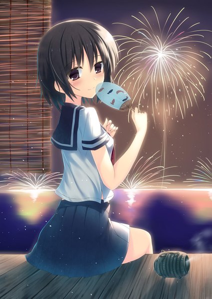 Anime picture 1031x1457 with original toritori (yakitoriya) single tall image looking at viewer blush short hair black hair black eyes fireworks girl uniform serafuku fan kayari buta