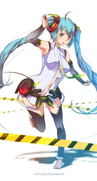 Anime picture 864x1608 with vocaloid vocaloid append hatsune miku hatsune miku (append) unfairr single tall image looking at viewer open mouth twintails signed ahoge very long hair barefoot aqua eyes aqua hair shadow armpit (armpits) zettai ryouiki leg up