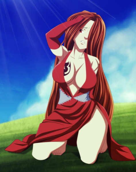 Anime picture 1579x2000 with fairy tail flare corona jbeenz single tall image fringe light erotic red eyes brown hair sky cloud (clouds) very long hair sunlight hair over one eye armpit (armpits) tattoo kneeling coloring girl dress