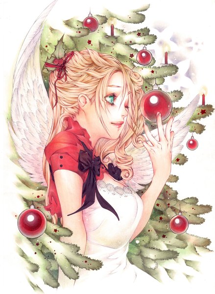 Anime picture 1565x2138 with original kleea (artist) single long hair tall image simple background blonde hair brown hair white background green eyes one eye closed wink christmas angel wings girl dress wings white dress star (symbol) cape