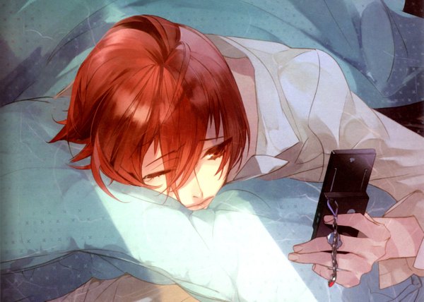 Anime picture 2553x1822 with starry sky yoh tomoe kazuaki highres red eyes ahoge red hair boy phone