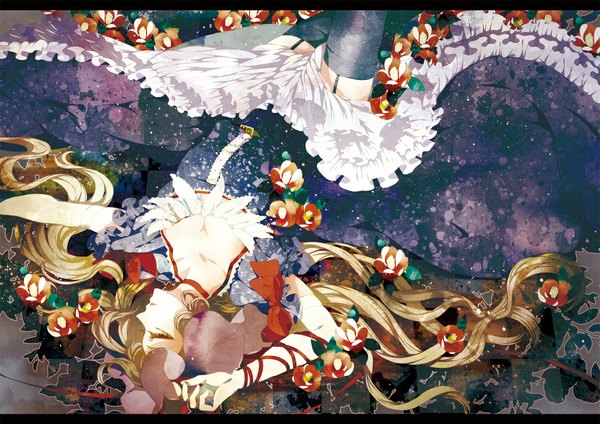 Anime picture 1168x826 with touhou yakumo yukari pepepo (kyachi) single blonde hair yellow eyes lying girl thighhighs dress flower (flowers) ribbon (ribbons) black thighhighs