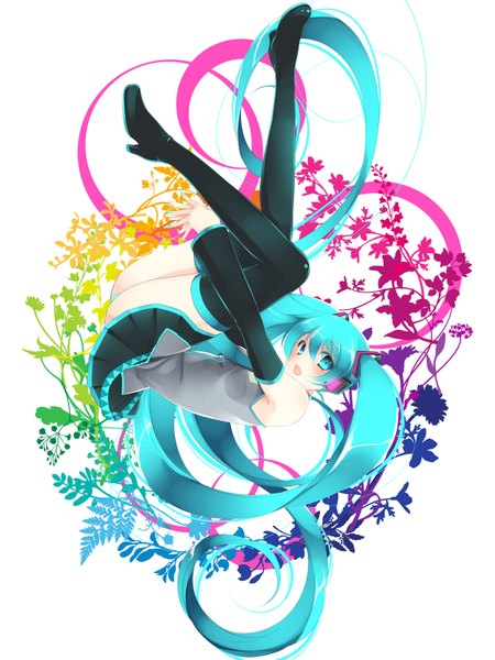 Anime picture 1200x1600 with vocaloid hatsune miku ayase hazuki single tall image open mouth twintails very long hair aqua eyes aqua hair girl skirt detached sleeves miniskirt thigh boots