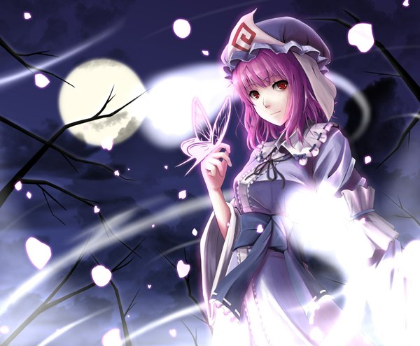 Anime picture 2300x1900 with touhou saigyouji yuyuko gayprince single highres short hair red eyes pink hair night girl petals insect butterfly moon full moon branch