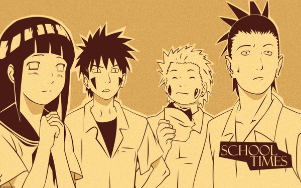 Anime picture 1280x800 with naruto studio pierrot naruto (series) hyuuga hinata nara shikamaru inuzuka kiba akimichi chouji wide image multiple boys tattoo monochrome group eating orange background girl boy food 3 boys