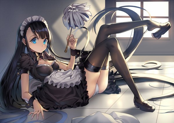 Anime picture 800x566 with original carchet single long hair looking at viewer fringe breasts blue eyes light erotic black hair sitting holding cleavage full body bent knee (knees) indoors sunlight shadow short sleeves pantyshot