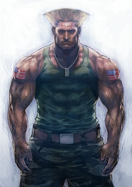 Anime picture 707x1000 with street fighter capcom guile boyaking(sbf) single tall image looking at viewer short hair simple background blonde hair white background tattoo muscle boy uniform pendant military uniform