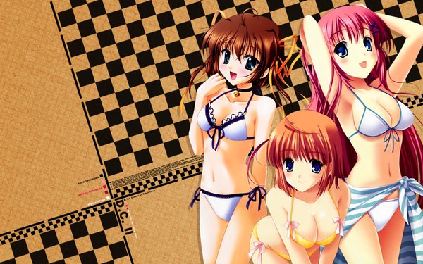 Anime picture 1920x1200 with da capo da capo ii asakura nemu shirakawa nanaka tsukishima koko highres light erotic wide image multiple girls girl swimsuit bikini 3 girls x hair ornament white bikini pareo