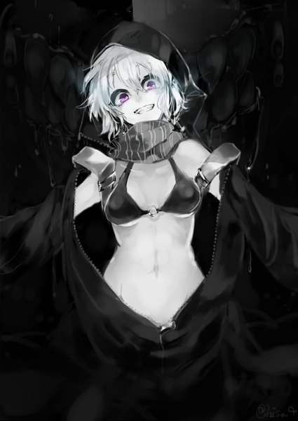 Anime picture 700x988 with kantai collection re-class battleship feishu single tall image looking at viewer short hair open mouth light erotic bare shoulders white hair pink eyes open clothes open jacket bare belly teeth clenched teeth white skin shinkaisei-kan girl