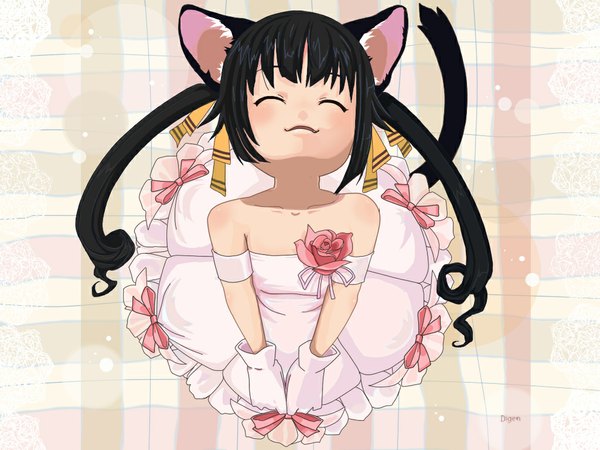 Anime picture 1024x768 with pangya kooh black hair twintails animal ears tail eyes closed cat ears dress wedding dress
