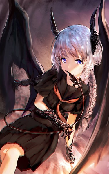 Anime picture 533x850 with original iori (cpeilad) single long hair tall image looking at viewer fringe sitting purple eyes payot silver hair tail braid (braids) pleated skirt horn (horns) twin braids shaded face demon girl demon tail demon wings
