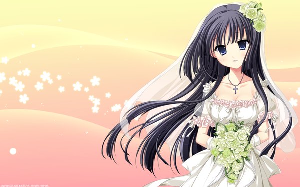 Anime picture 1920x1200 with tasogare no sinsemilla minagami sakuya odawara hakone long hair highres blue eyes black hair wide image hair flower girl dress hair ornament flower (flowers) wedding dress