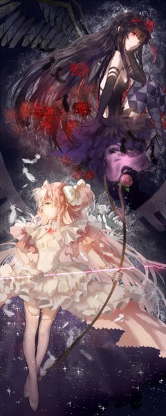 Anime picture 1000x2500 with mahou shoujo madoka magica shaft (studio) akemi homura kaname madoka goddess madoka akuma homura cookie (artist) long hair tall image fringe breasts black hair red eyes standing sitting twintails bare shoulders multiple girls holding yellow eyes