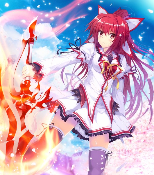 Anime picture 1280x1448 with koiken otome yasukuni akane tateha (marvelous grace) single long hair tall image looking at viewer blush red eyes sky cloud (clouds) ponytail red hair :o zettai ryouiki cherry blossoms skindentation girl thighhighs skirt