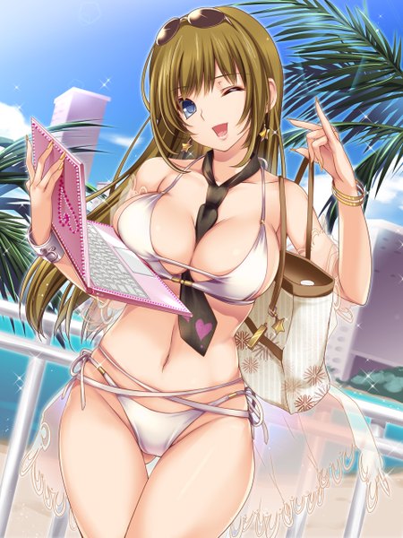 Anime picture 960x1281 with original moneti (daifuku) single long hair tall image looking at viewer breasts open mouth blue eyes light erotic brown hair large breasts one eye closed wink girl navel necktie bag sunglasses laptop