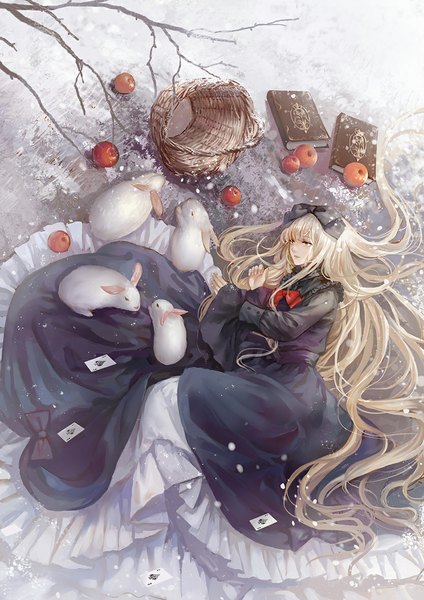 Anime picture 835x1181 with original wallace (artist) single long hair tall image blonde hair yellow eyes lying from above snowing winter bare tree girl dress bow plant (plants) hair bow animal tree (trees) book (books)